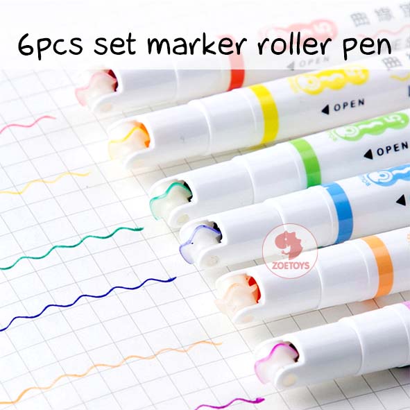 Zoetoys 6pcs Set Marker Roller Pen | Line Shapes Colorful Drawing Tools Art Stationery Supplies | Spidol Garis Bentuk Bunga Line Makers Set