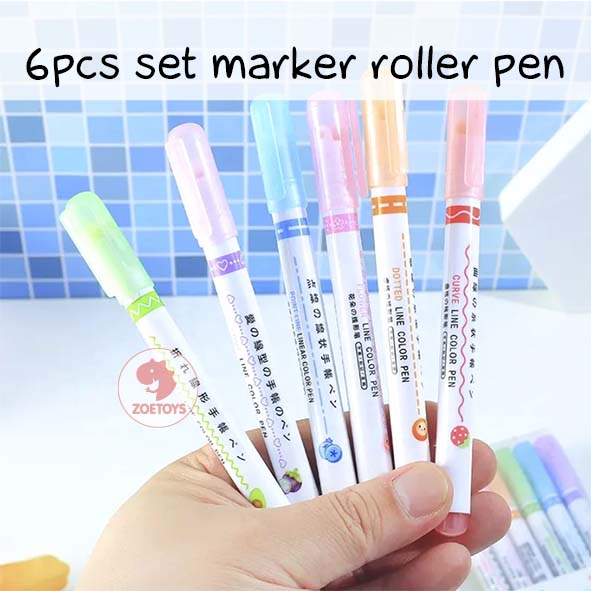 Zoetoys 6pcs Set Marker Roller Pen | Line Shapes Colorful Drawing Tools Art Stationery Supplies | Spidol Garis Bentuk Bunga Line Makers Set
