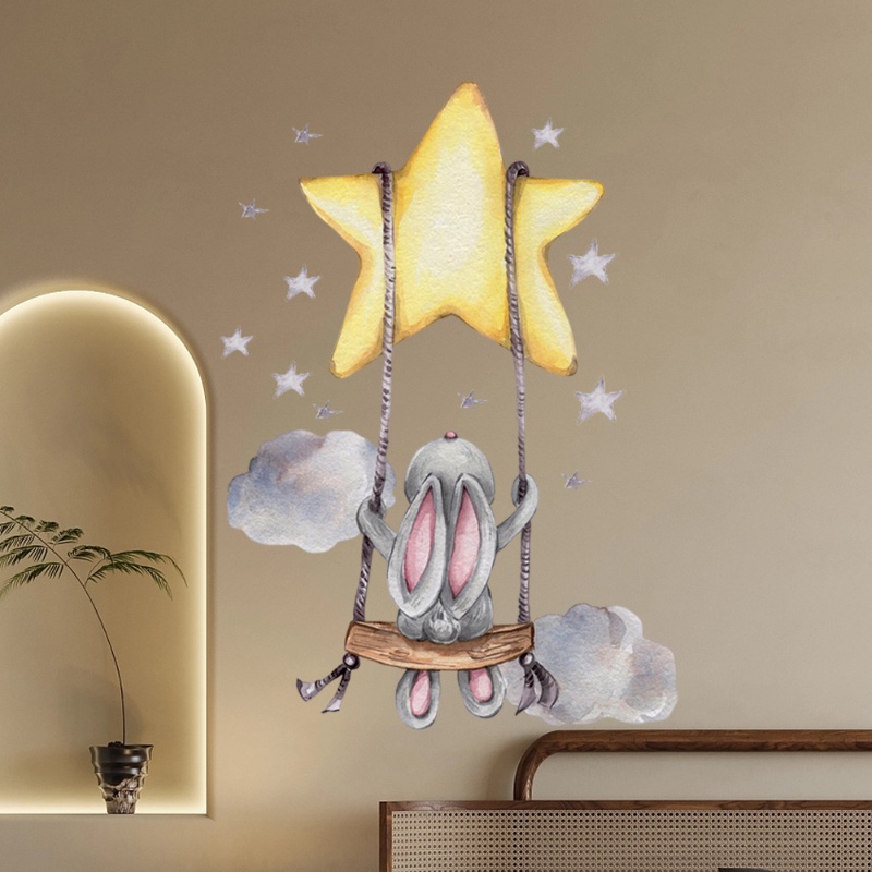 Bunny Baby Nursery Stiker Dinding Kartun Kelinci Swing on The Stars Wall Decals Untuk Kamar Anak PVC Removable Sticker DIY Dekorasi Rumah