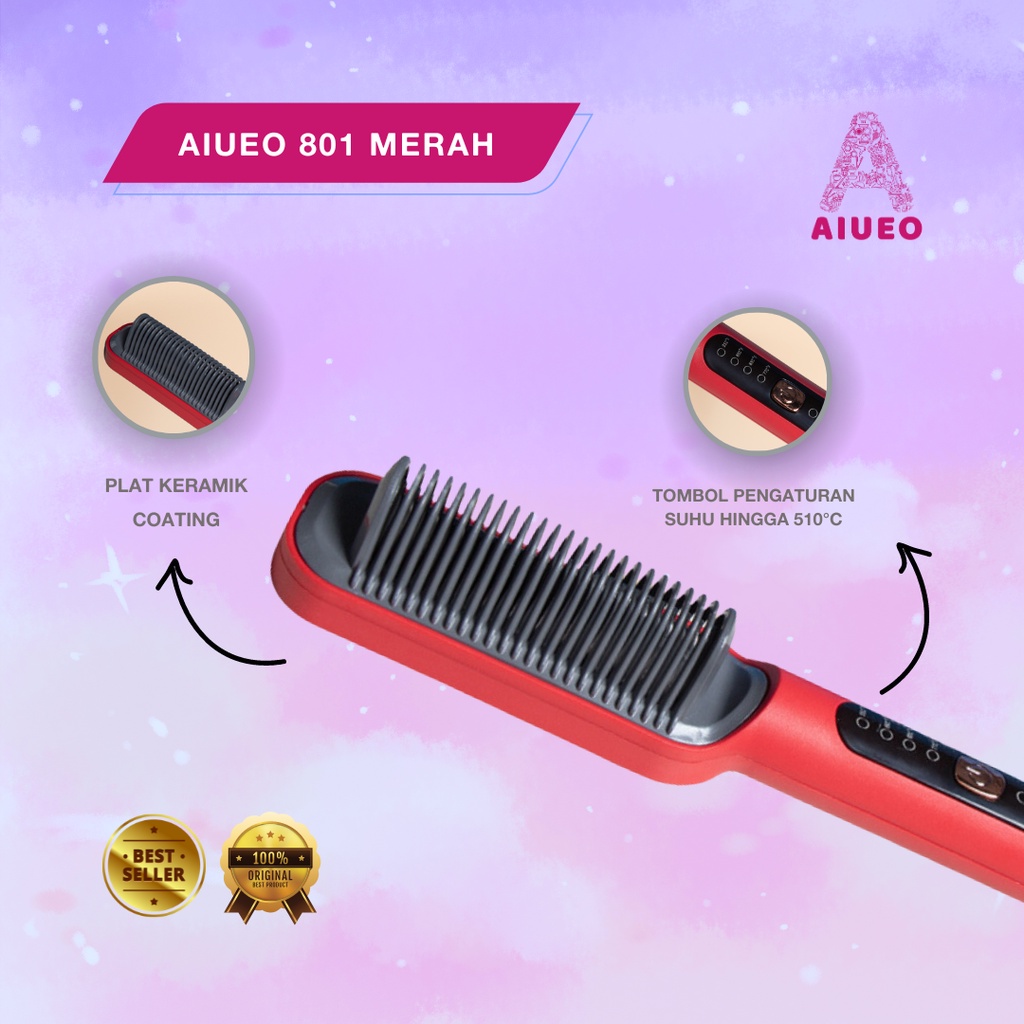 [GARANSI 18 BLN] •  AIUEO Catokan  Sisir Pelurus Rambut - Catokan Sisir Meluruskan Rambut Mudah Diatur Hair Straightener 801 Low Watt