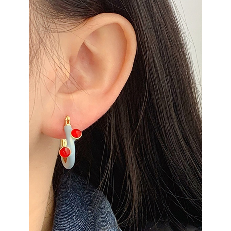 Fashion Retro Kabut Biru Drip Minyak Anting Bulat Untuk Wanita Mewah Merah Kristal Anting Hoop Perempuan Pesta Pernikahan Perhiasan Hadiah