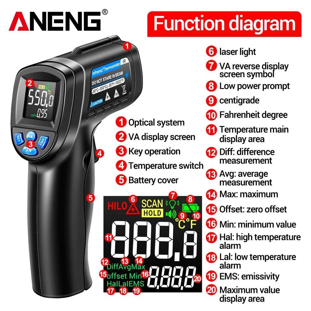 Pineapple Digital Temperature Gun ANENG TH104 -50~550℃ Pyrometer Meter IR Laser Sensor