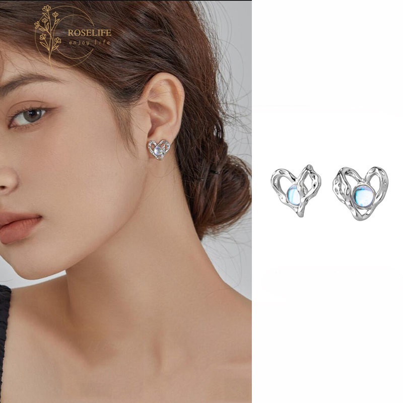 Roselife Keren Manis Perak Moonstone Heart Stud Earrings Untuk Wanita Perempuan Elegan Opal Heart Y2K Earring Jewelry 1pasang