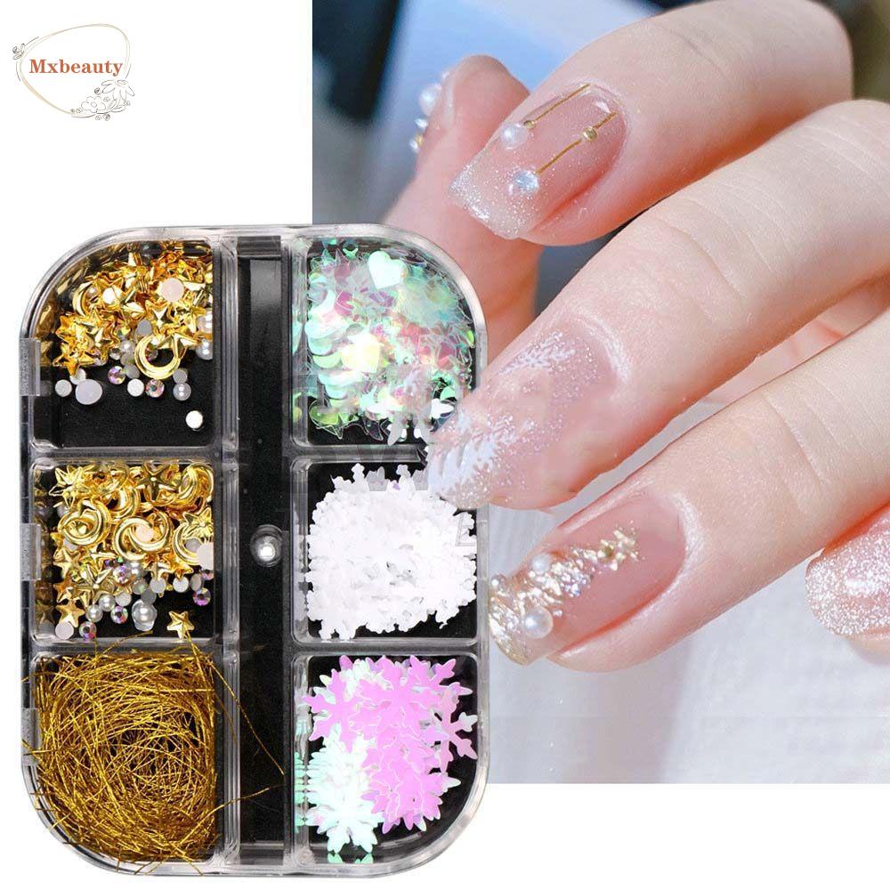 Mxbeauty 6 Grid / Kotak Aksesoris Kuku Motif Snowflake / Snowman / Pohon Natal Untuk Manicure Wanita