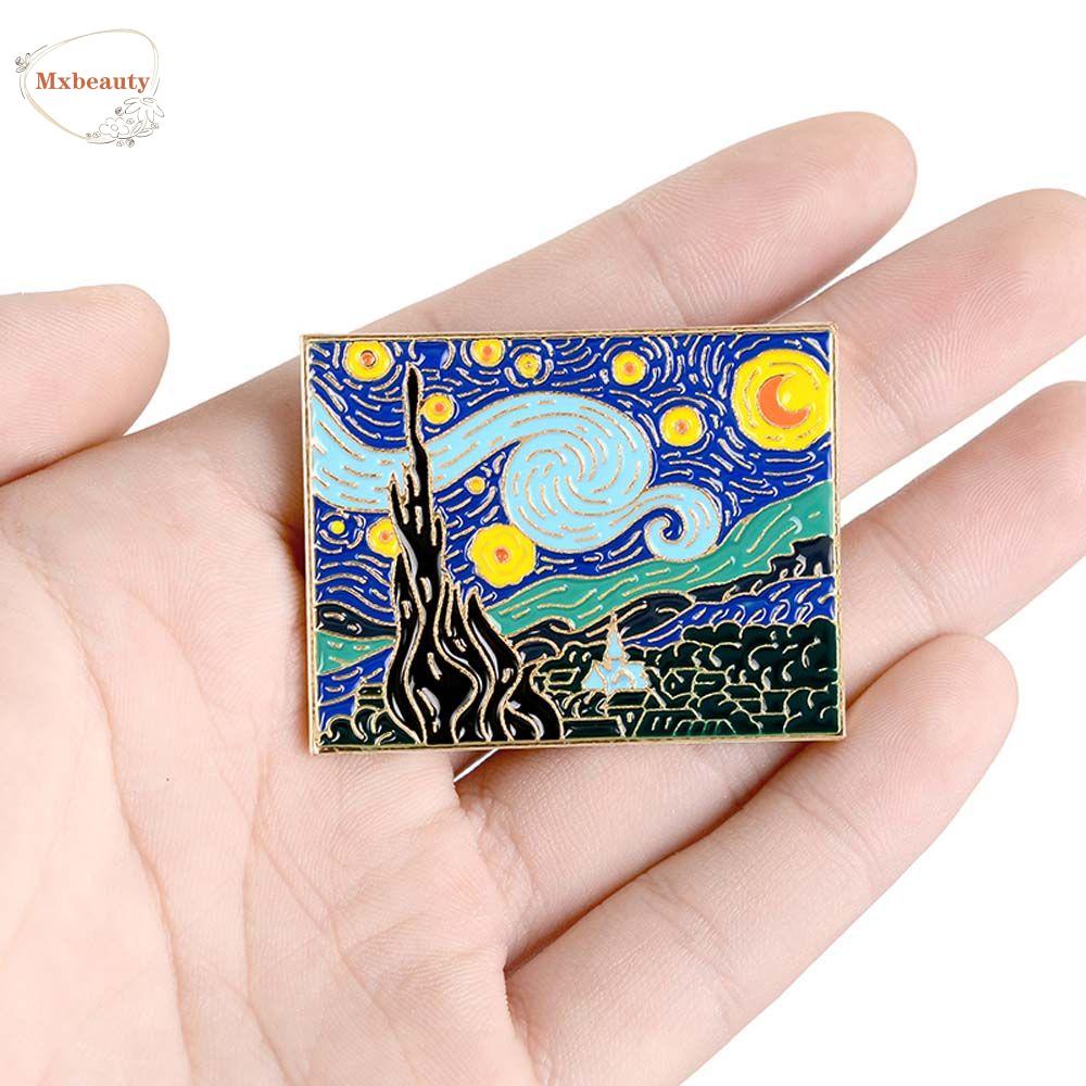 Mxbeauty Langit Berbintang Bros Sunset Gunung Desa Hadiah Untuk Wanita Pria Perhiasan Aksesoris Lukisan Minyak Van Gogh Van Gogh's Masterpiece Lukisan Lencana Pin Enamel Hewan Pin