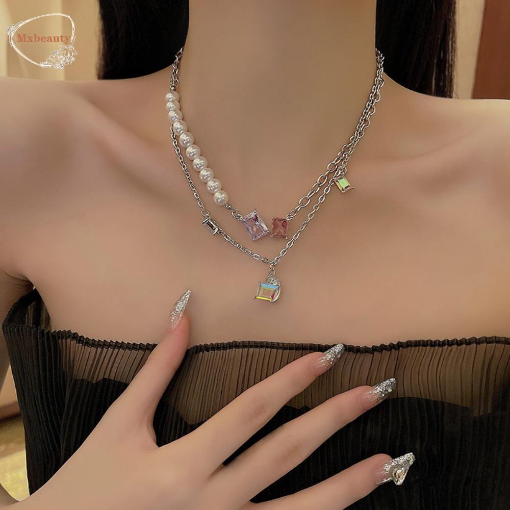 Mxbeauty Kalung Wanita Pesta Keren Mutiara Mengkilap Retro Kristal Gaya Korea Necklace