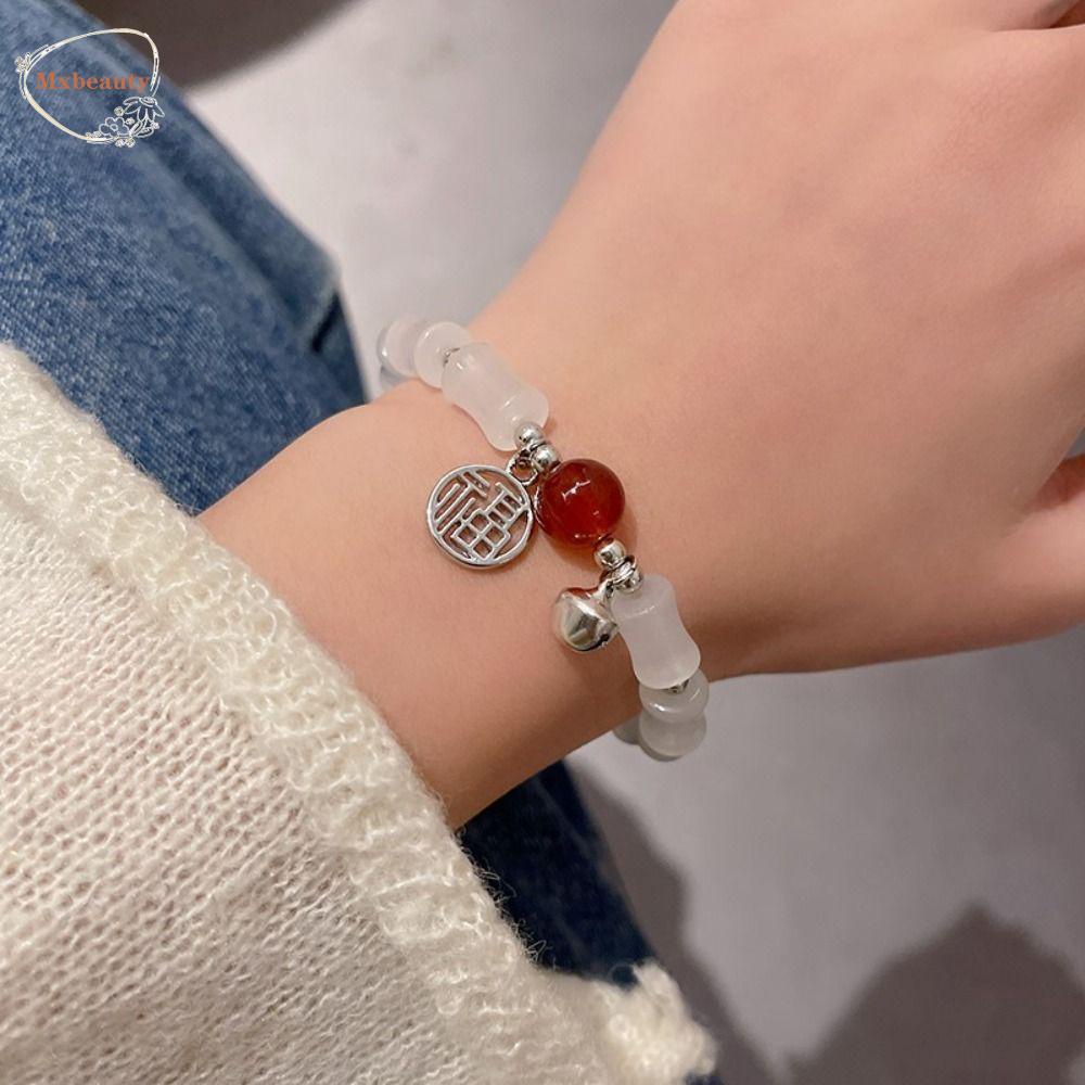 Mxbeauty Wanita Gelang Pesta Pernikahan Perak Bola Liontin Fashion Elastis Perhiasan Giok Imitasi Indah Klasik Paduan Berwarna Glasir Bangle