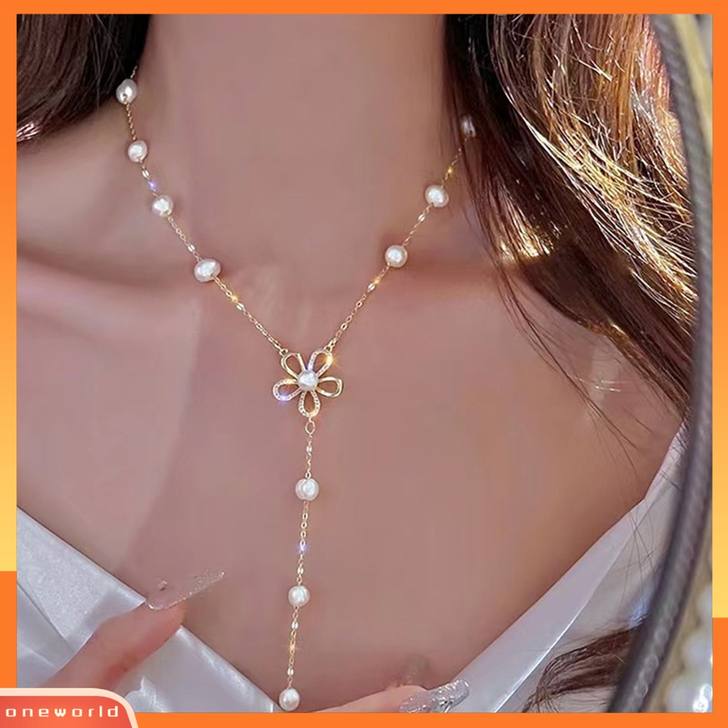 [ONE] Wanita Kalung Ekstensi Rantai Bentuk Bunga Berongga Keluar Mutiara Imitasi Leher Yang Dapat Disesuaikan Dekorasi Hadiah Ulang Tahun Prom Liontin Kalung Wanita Perhiasan
