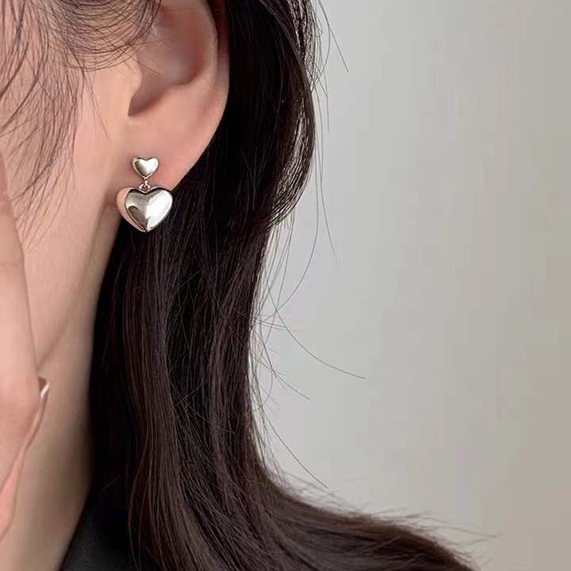 Anting Cinta Dua Lapis Perempuan Gaya Keren High-End Sederhana All-Match Aksesoris Anting Earrings