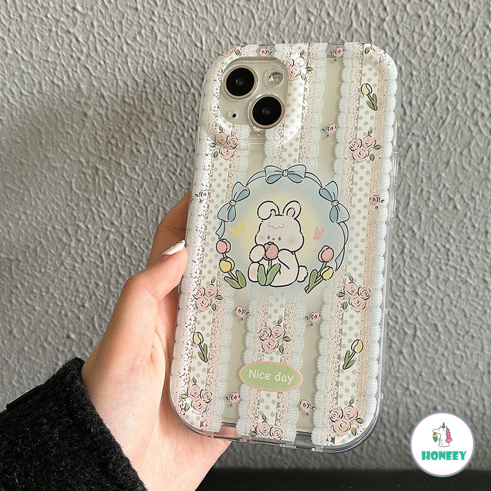 IPHONE Sweet Lace Rabbit Flowers Bracket Shell Phone Case Untuk Iphone14 13 12 11 Pro Max14 Plus Case Lucu Transparan Kartun Cover