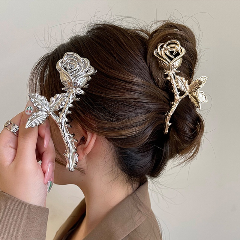 Woman Large Metal Rose Floral Leaf Hair Claw/Ladies Vintage Ponytail Hiu Klip/Aksesoris Rambut Fashion