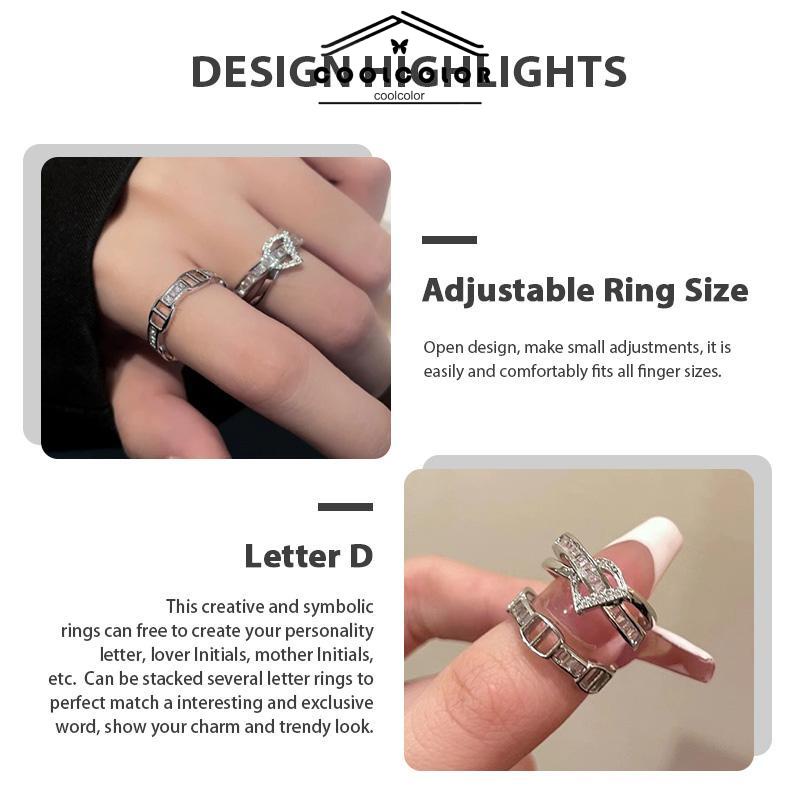 COD❤️2Pcs/Set Cincin Huruf D Desain Wanita Kepribadian Mode Cahaya Mewah Terbuka- cl