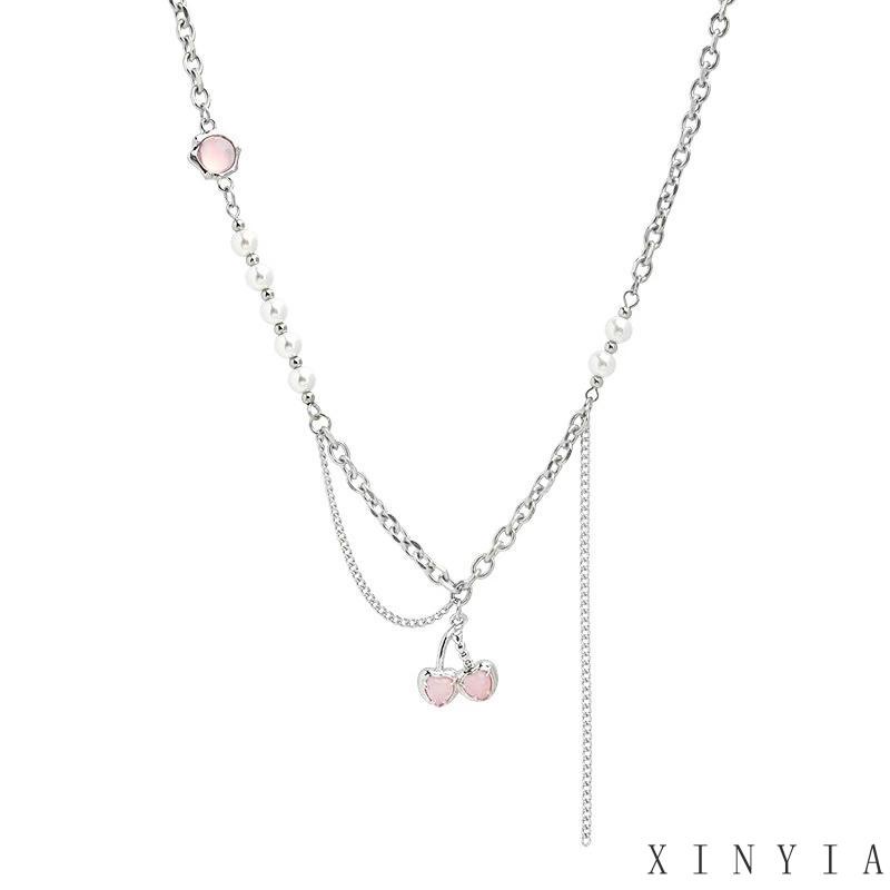 【Bayar di tempat】Kalung Mutiara Bentuk Hati Cherry Warna Pink Tulang Selangka Logam Musim Panas Manis Gaya Keren Ringan Mewah