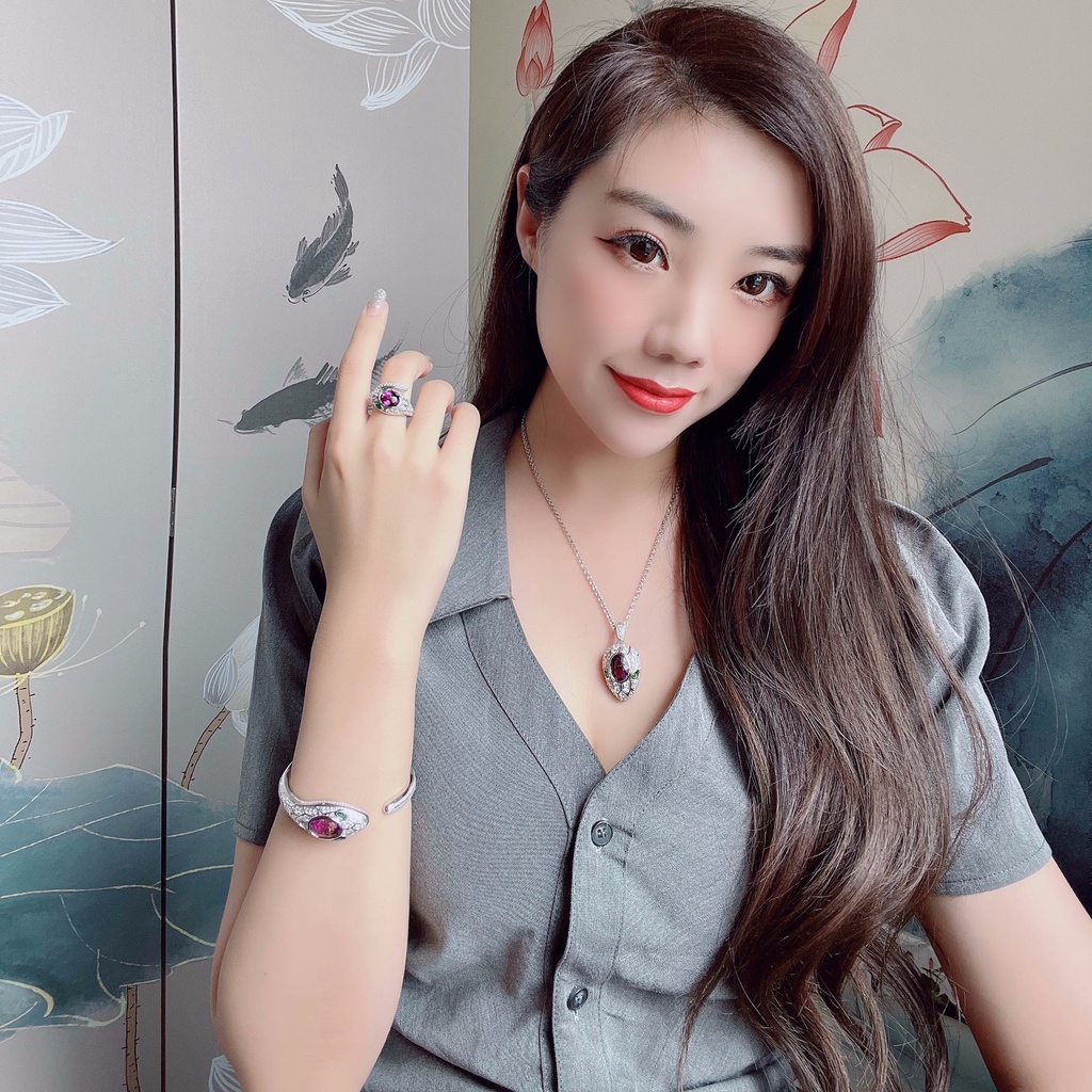 Goldkingdom Aksesoris Perhiasan Fashion Ready Stock Gelang Ular Berlian Ungu Liontin Ular Cincin Anting Amethyst Snake Set