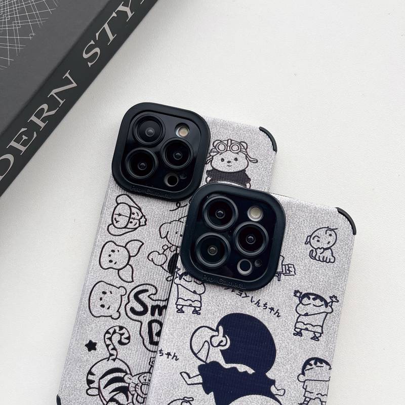 So Cute Gray Grey Winnie Bear Leather Soft Case iP iPhone 7 8 Plus SE 2020 X XR XS Max 11 12 13 14 Pro Max 14 Plus Camera Protect Cartoon Anime Crayon Shin-chan