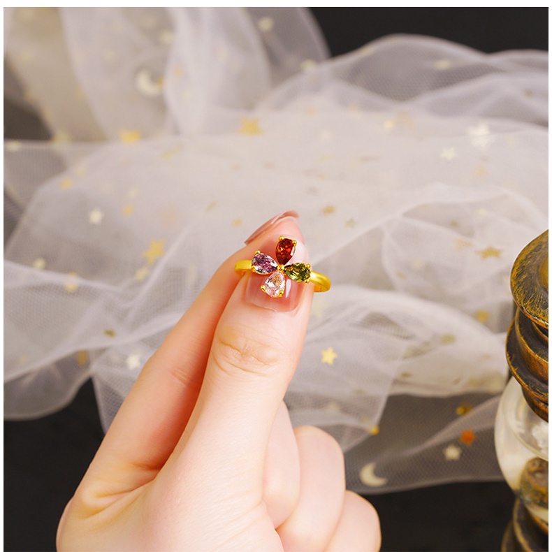 Goldkingdom Fashion Perhiasan 24 K Bangkok Aksesoris Ready Stock ins Baru Populer Wanita Zirkon Cincin Warna-Warni Perhiasan Mahkota Bunga Indah