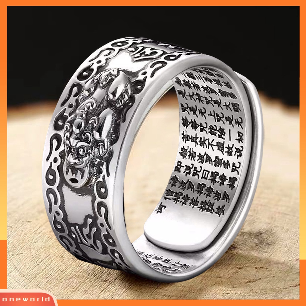 [EONE] Pria Cincin Vintage Ukir Mantra Kitab Suci Adjustable Membawa Keberuntungan Kekayaan Hadiah Ulang Tahun Laki-Laki Cina Feng Shui Pixiu Cincin Jari Retro Perhiasan