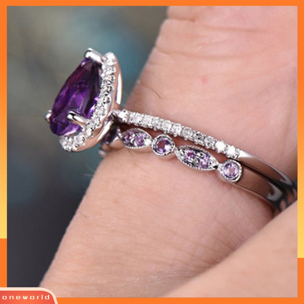 [EONE] 2 Pcs Wanita Cincin Mewah Ungu Berlian Imitasi Mengkilap Penuh Berlian Imitasi Hias Berkilau Hadiah Wanita Lamaran Cincin Perhiasan Pernikahan Aksesori Busana