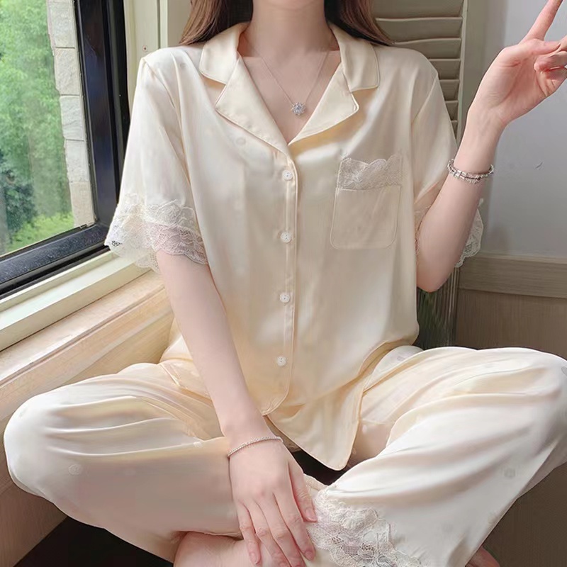 2023 new Korean version thin pink pajamas set/short sleeve top+trousers two -piece home clothing