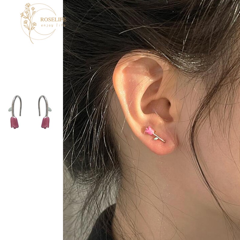 Roselife Korea Trendi S925 Silver Pink Tulip Anting Kait Untuk Wanita Perempuan 1pasang Bunga Manis Klip Anting-Anting Indah Telinga Aksesoris Hadiah Untuk Perempuan