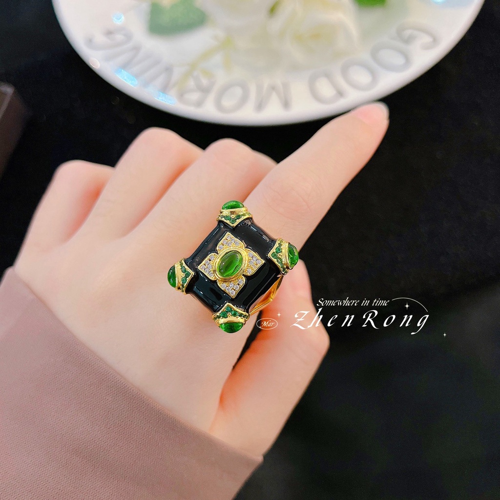 Goldkingdom Fashion Perhiasan Aksesoris Ready Stock Vintage Nenek Zamrud Cincin Berlapis Emas 18k Enamel Glasir Batu Akik Hitam Cincin Wanita