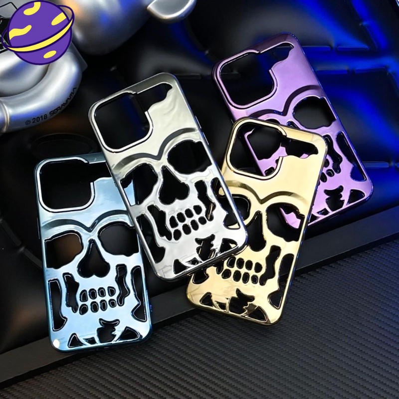 IPHONE Casing Ponsel Keren Berongga Tengkorak Logam Electroplated Cocok Untuk Iphone14 13 12 11 Pro Max 14Plus Skeleton Glossy Phone Case