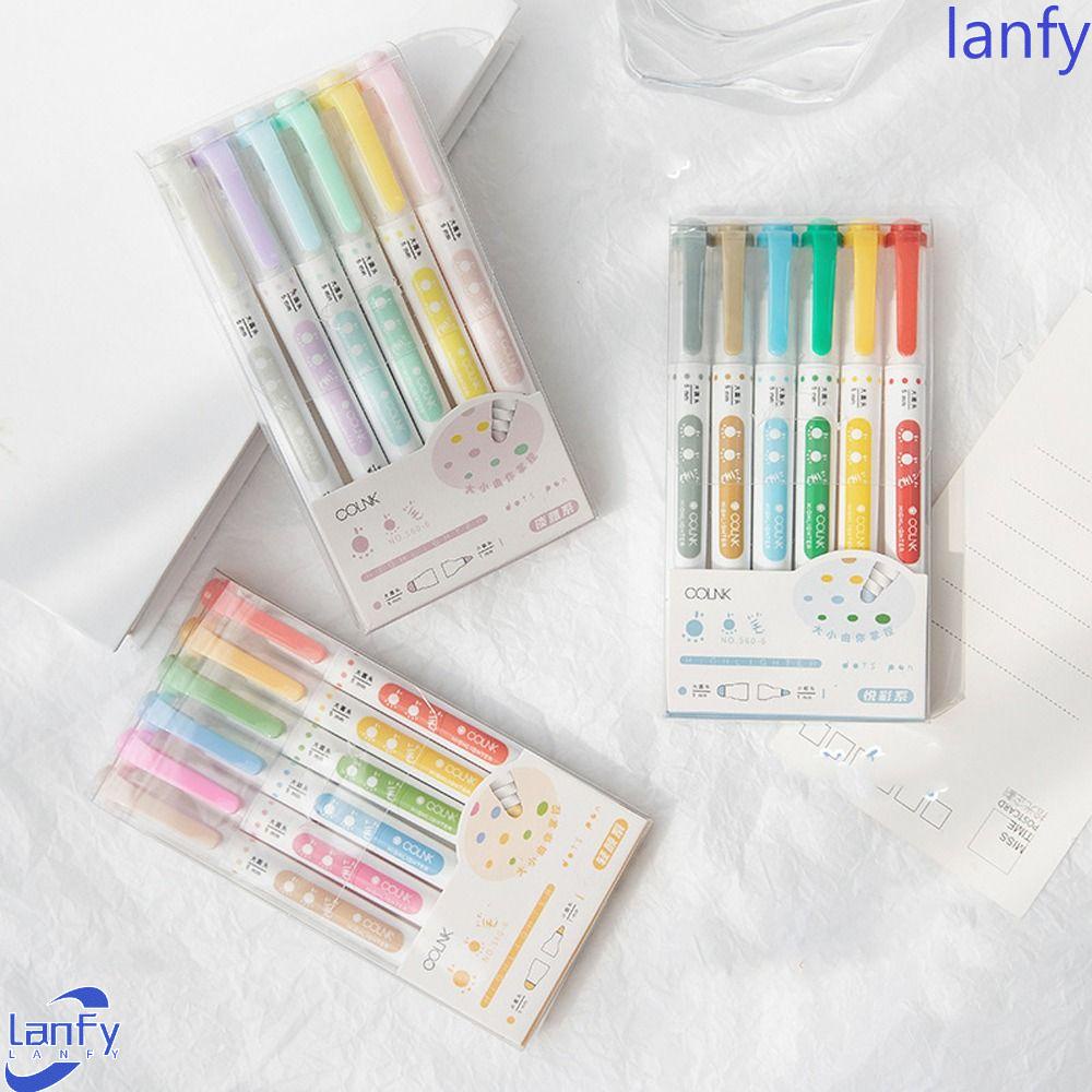 Lanfy Stabilo Pulpen 6 Pcs/Set Kawaii Lukisan Gaya Jepang Garis Tip Marker Pen Set Alat Tulis Kantor Berbentuk Dot Garis Tengah Warna Neon Bolpen