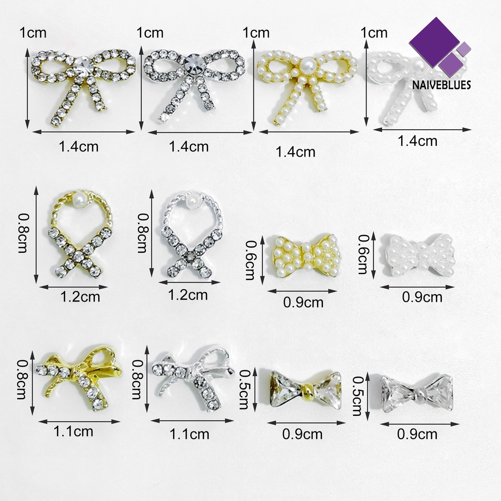 [naiveblues] 10pcs Nail Art Jewelries 3D Bentuk Busur Berlian Imitasi Mutiara Dekorasi Kuku Untuk