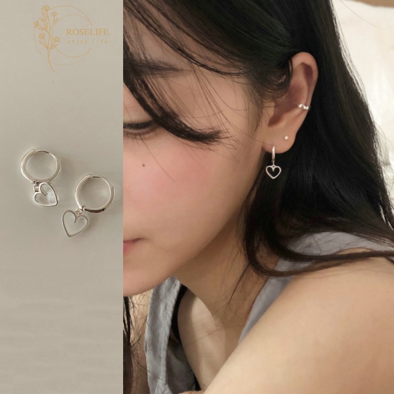 Roselife Korea S925 Perak Kecil Berongga Jantung Hoop Anting-Anting Untuk Wanita Perempuan Elegan Cinta Kecil Lingkaran Anting-Anting Trendi Telinga Perhiasan Aksesoris 1pasang