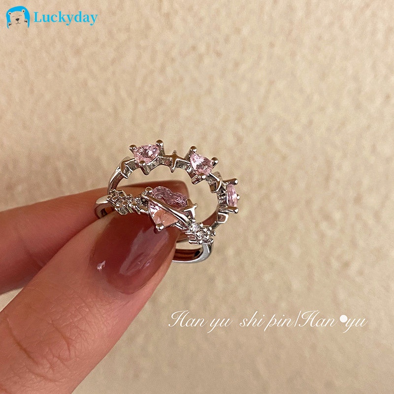 Yeezii Manis Merah Muda Zirkon Jantung Cincin Untuk Wanita Fashion Perak Terbuka Rings Aksesoris Gadis Perhiasan