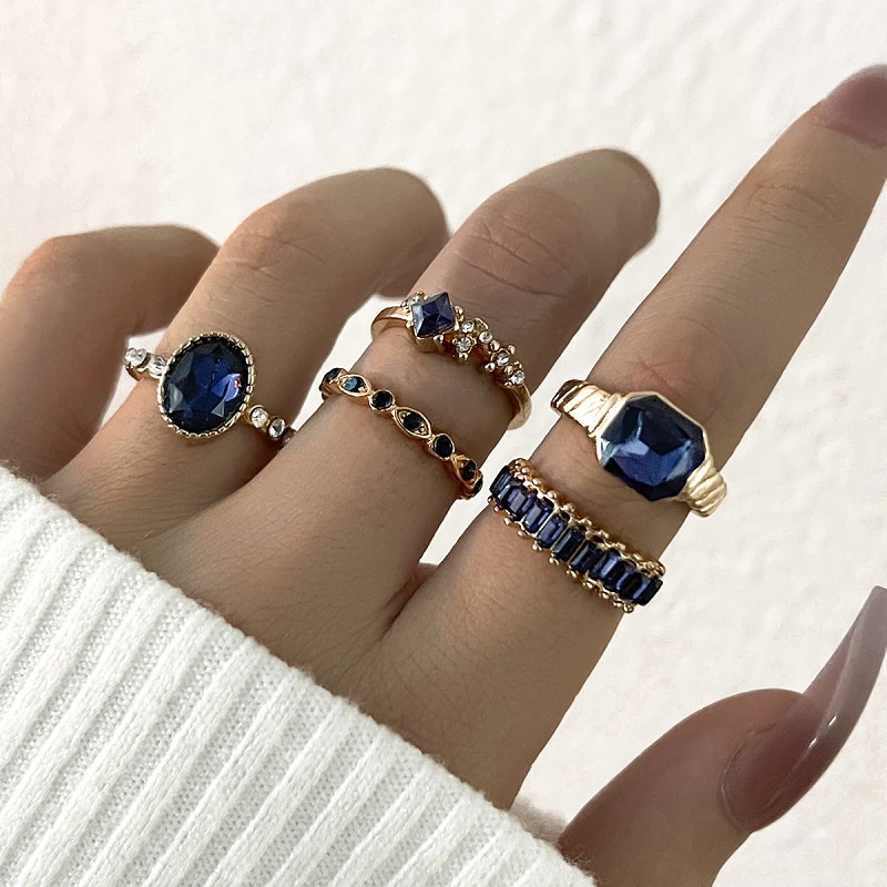 A HELLO GIRL 5pcs Set Permata Geometris Hip Hop Berlian Lapis Emas Ins Gaya Cincin Emas