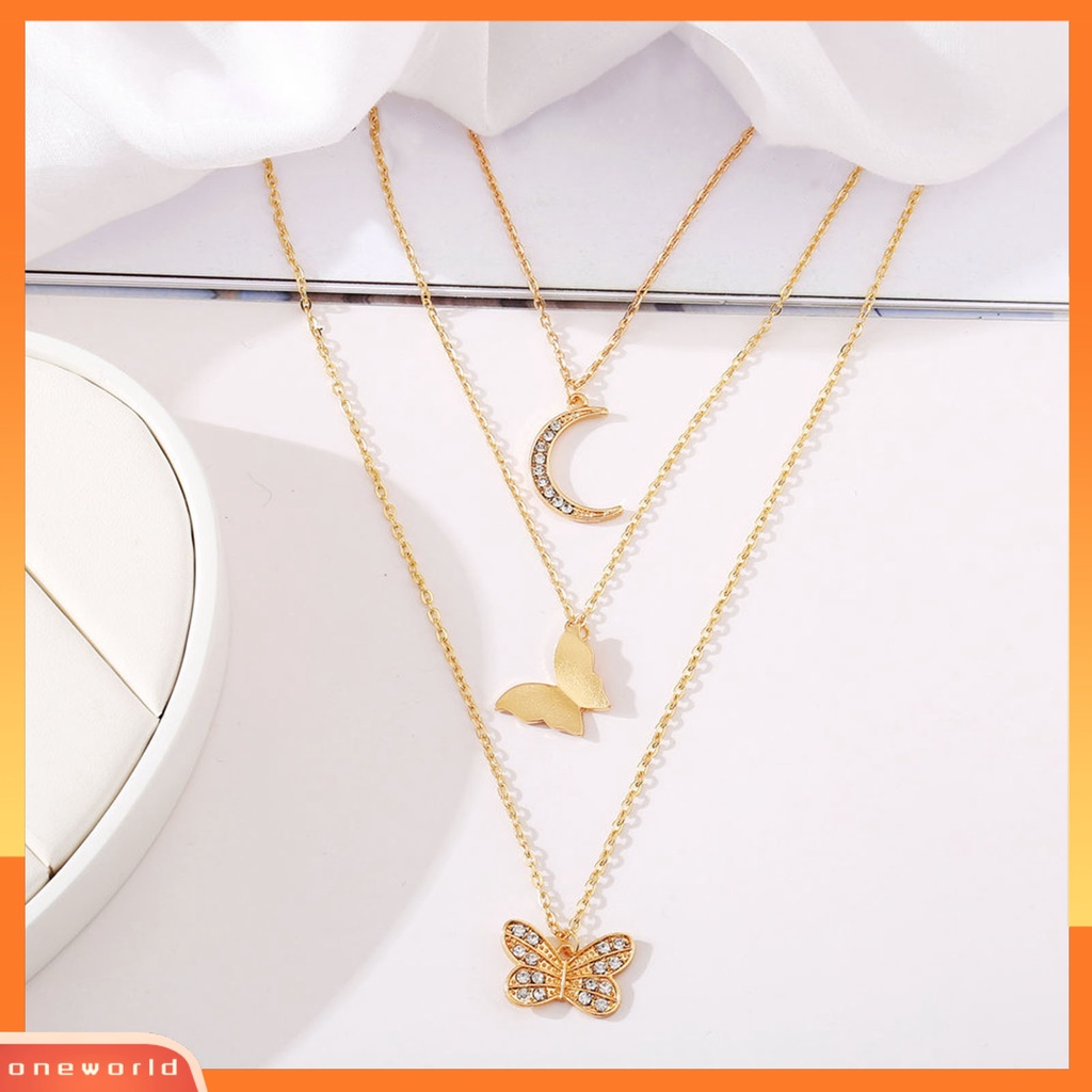 [EONE] Wanita Kalung Multi-layered Warna Solid Kokoh Stainless Colorfast Hias Anti Karat Bentuk Kupu-Kupu Adjustable Women Pendant Women Jewelry