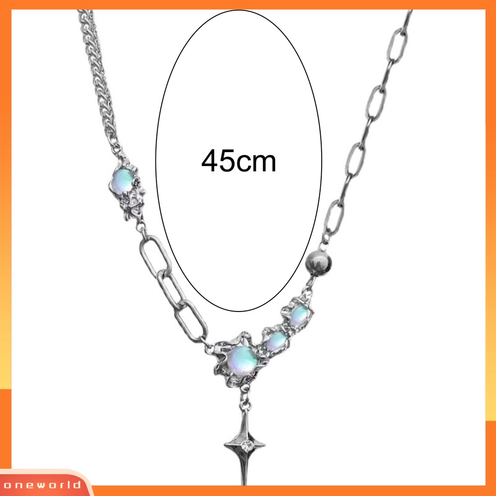 [EONE] Wanita Kalung Faux Moonstone Bright Luster Hias Adjustable Semua Pertandingan Hadiah Perhiasan Baja Titanium Lady Bintang Berujung Empat Liontin Kalung Rantai Klavikula Untuk Pakaian Sehari-Hari