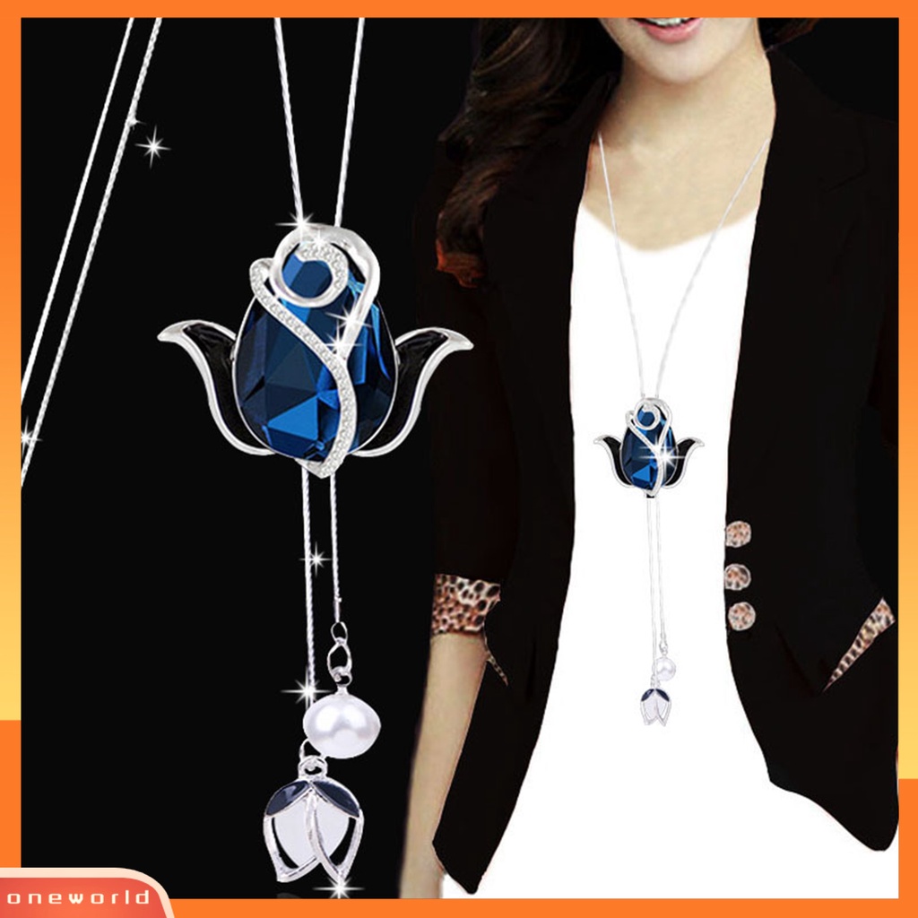 [EONE] Wanita Kalung Berlian Imitasi Bersinar Hias Tulip/Bunga Mawar Angsa/Busur Rumbai Pesona Dress-Up Beberapa Gaya Sweater Panjang Rantai Gaun Pesta Kalung Perhiasan Hadiah