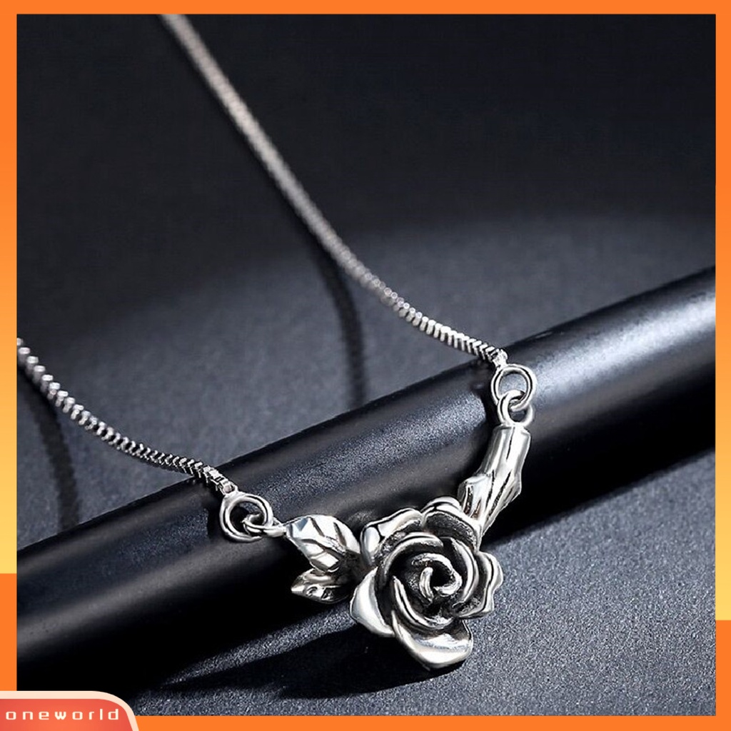 [EONE] Wanita Kalung Vintage Bunga Hitam Rose Stainless Desain Lama Leher Dekorasi Warna Perak Tepi Halus Rose Pendant Necklace Perhiasan Pesta