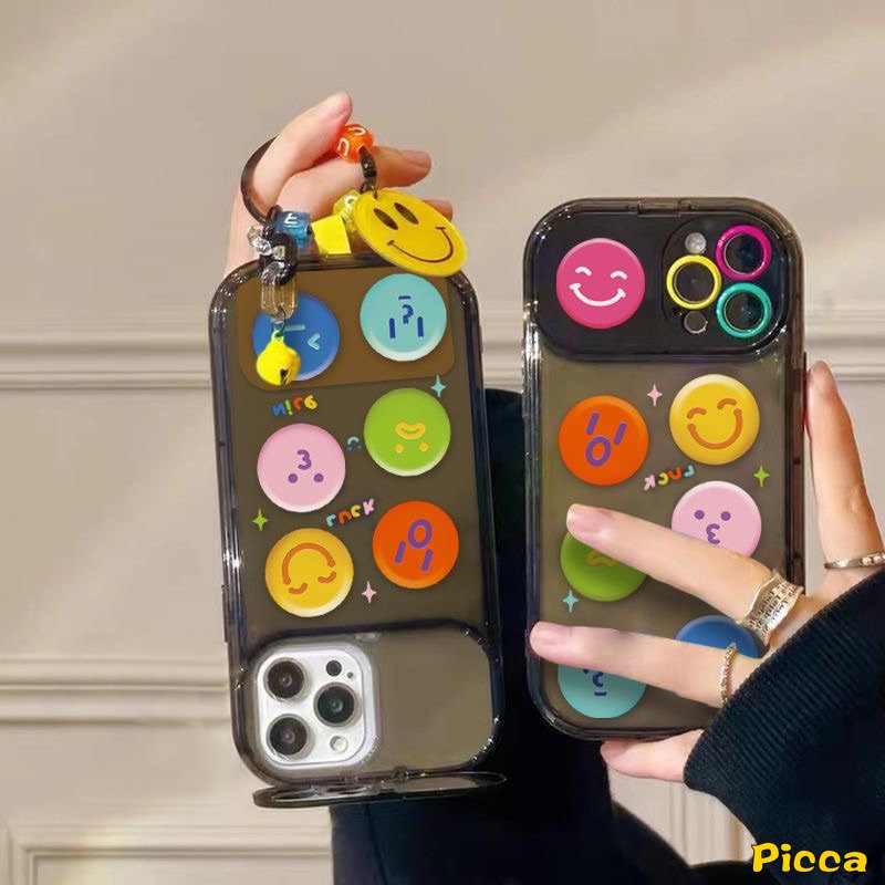 Casing Cermin Make Up Flip Kreatif Untuk Oppo A57 A15 A12 A7 A15s A3s A5s A5 A9 A53 A31 A33 2020 A12E A77 A77s A11K A11 A35 Kartun Lucu Smiley Case Soft Cover Dengan Gelang
