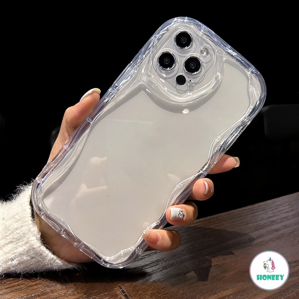 IPHONE Fashion Oval Curly Wavy Lensa Phone Case Untuk Iphone11 12 13 14 Pro Max XR XS Max Simple Bening Silikon Shockproof Lembut Penutup Belakang