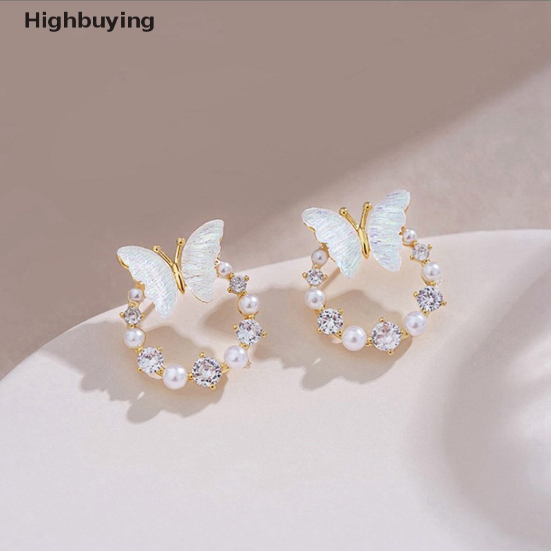 Hbid Korea Baru Fashion Shiny Butterfly Stud Earrings Untuk Wanita Halus Berlian Imitasi Mutiara Lingkaran Anting Pengantin Pernikahan Perhiasan Hadiah Glory