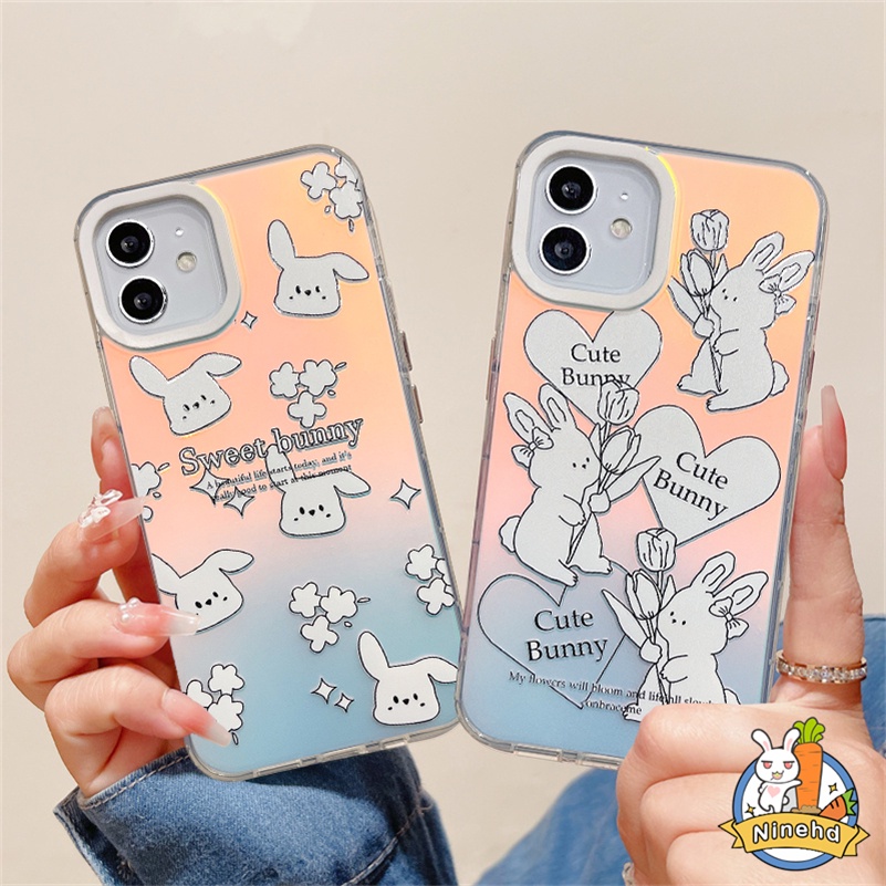 IPHONE Ins Gradien Casing Laser Kompatibel Untuk Iphone14 13 12 11 Pro Max X Xr Xs Max 8 7 6 Plus SE 2020 Kreatif Lukisan Kelinci Shockproof Phone Case Tepi Lurus Akrilik Hard Case