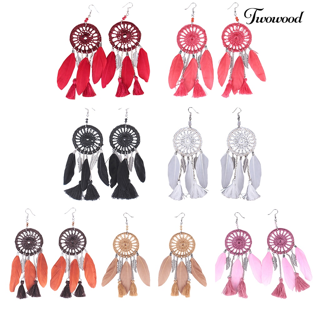 Twowood Ethnic Dream Catcher Rumbai Statement Hook Anting Juntai Panjang Wanita Perhiasan