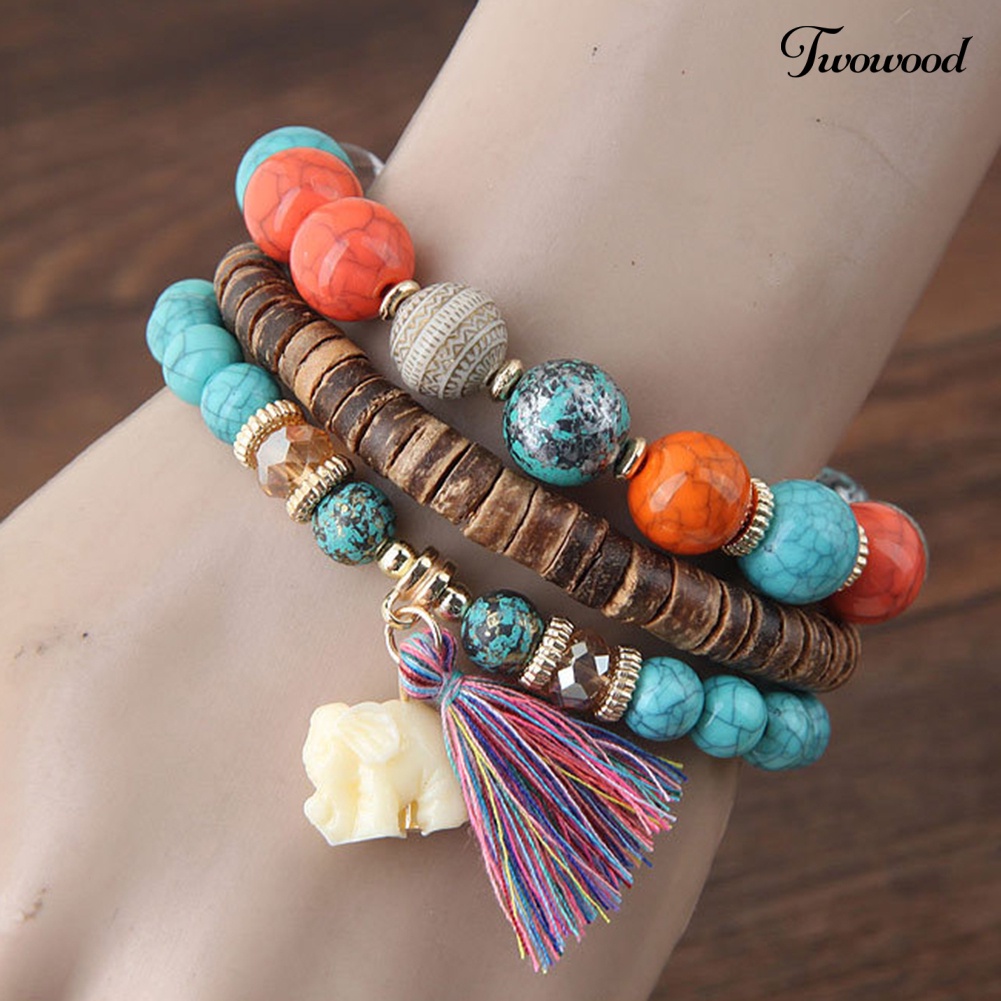 Twowood 3Pcs/Set Bohemian Wanita Gajah Rumbai Pesona Ceko Batu Manik-Manik Gelang Hadiah