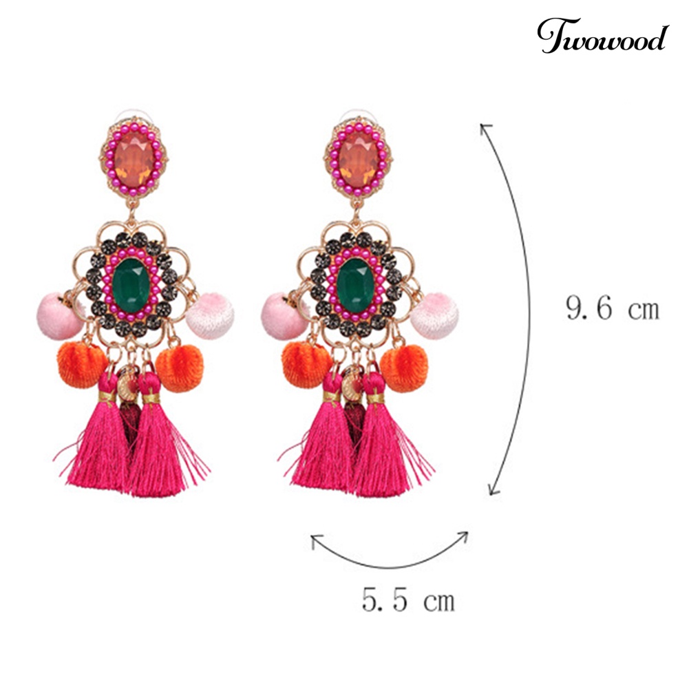 Twowood Wanita Berlian Imitasi Bunga Pompom Rumbai Menjuntai Ear Stud Earrings Pernyataan Perhiasan