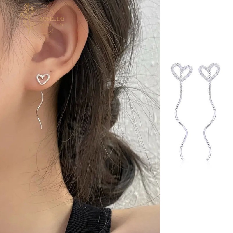 Roselife 2 Pcs Korea S925 Perak Panjang Rumbai Hati Drop Anting-Anting Untuk Wanita Perempuan Indah Peach Menjuntai Anting-Anting Pertunangan Pesta Pernikahan Telinga Perhiasan Hadiah