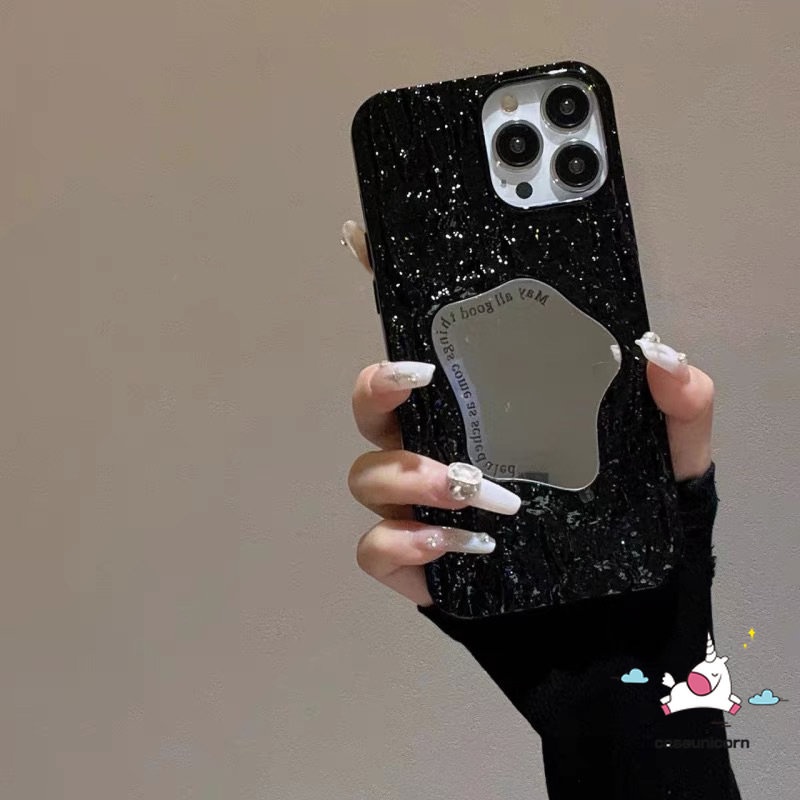 IPHONE Luxury Electroplate Plating Kerut Kreatif Make Up Mirror Case Kompatibel Untuk Iphone11 13 14 12 Pro MAX XR 7Plus 8Plus X XS Max7 6 6S 8Plus SE 2020 Lembut Ins Fashion Cover