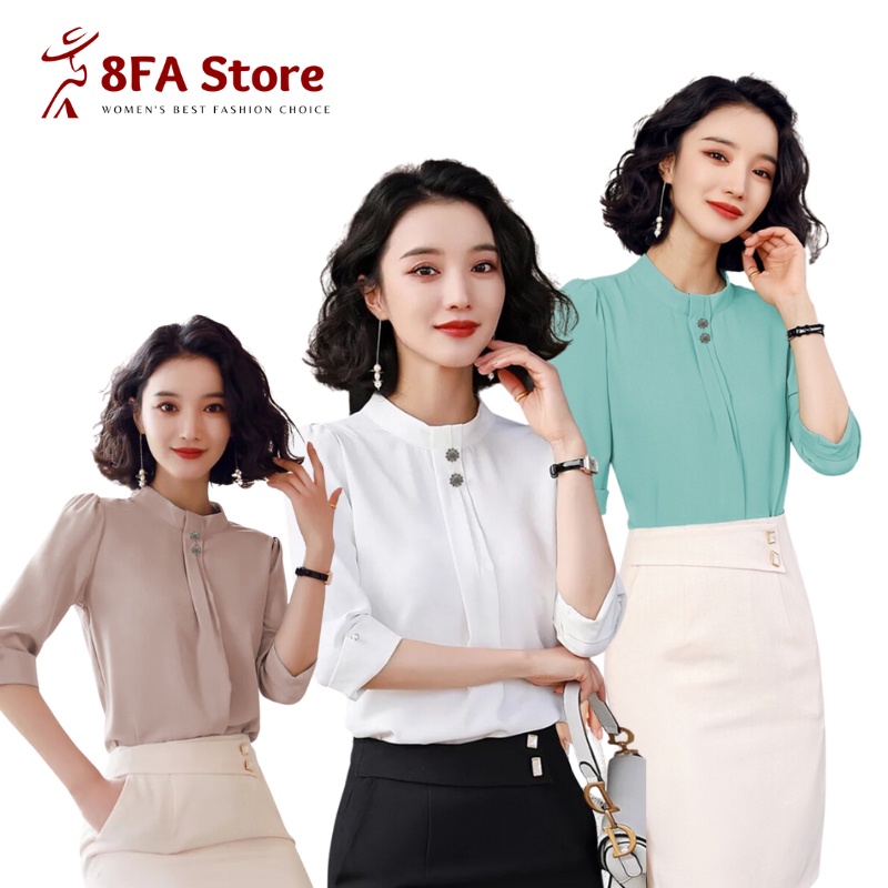 Blouse Korea Putih Polos Wanita Model Kancing Depan Lengan Pendek Gaya Baju Atasan Kerja Wanita All 
