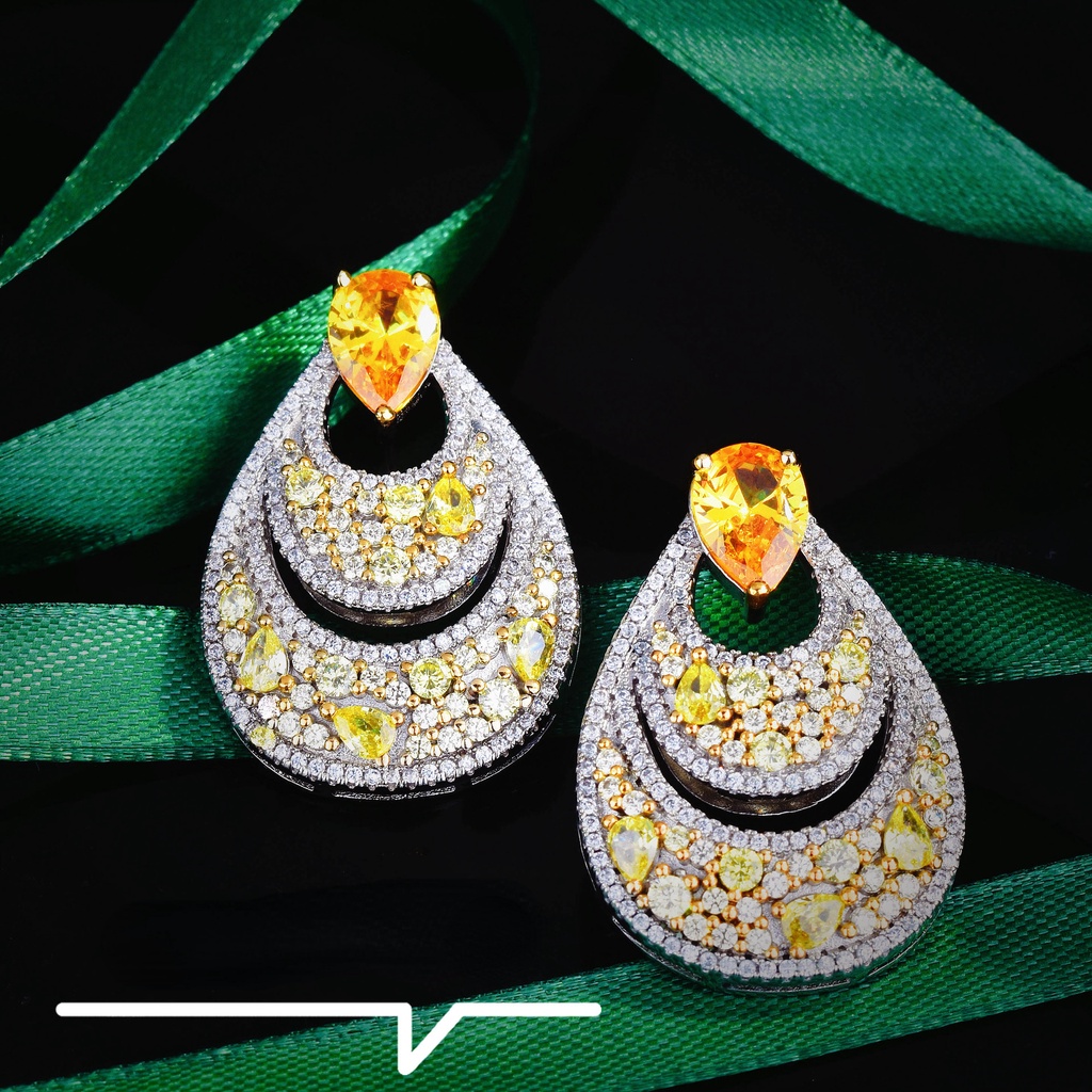 Goldkingdom Aksesoris Perhiasan Fashion Ready Stock Baroque Earrings Sedikit Set Dengan Berlian Kuning, Anting Pejantan Kurus Bergigi Berkilau Super