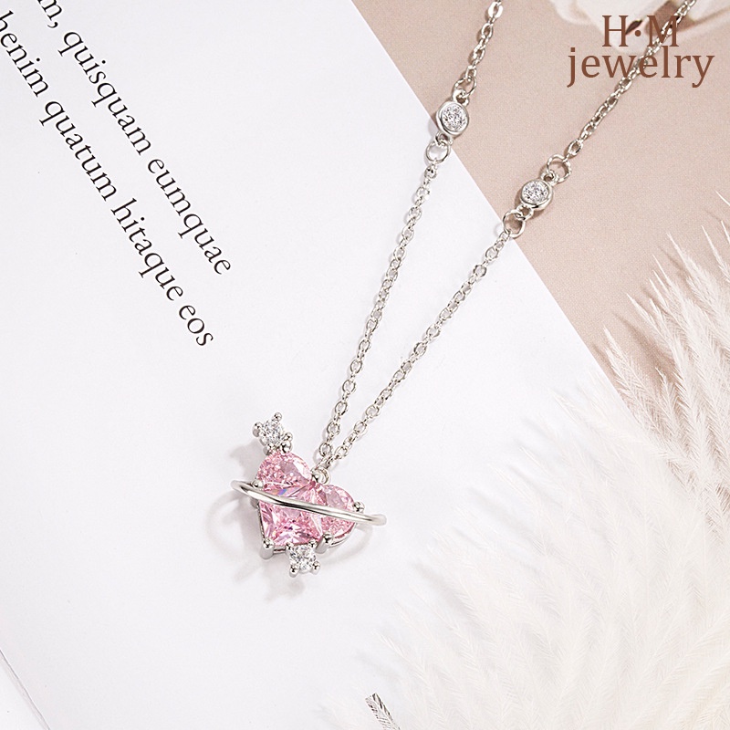 S925 Perak2023Baru Pink Berlian Cinta Kalung Cahaya Mewah Manis Pink Planet Ornamen