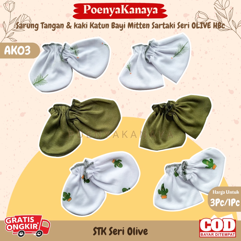 3set/1set Sarung Tangan &amp; kaki Katun Bayi Mitten Sartaki Seri OLIVE HBc AK03