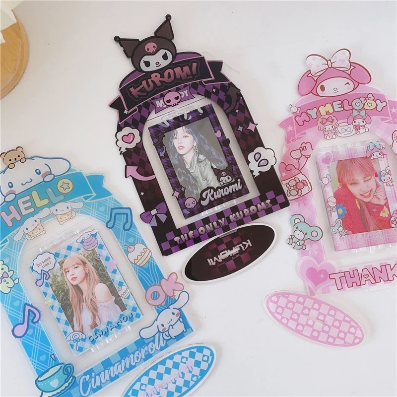 Kawaii Rotatable Acrylic Photo Frame 3inch Sanrio Kuromi Card Holder Untuk Idol Photocard Case Pelindung Desktop Display Frame