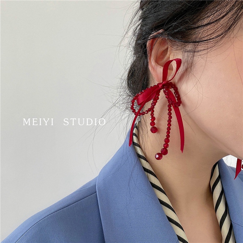 Anting Busur Merah Lucu Kristal Rumbai Temperamen Panjang Anting Korea Perempuan